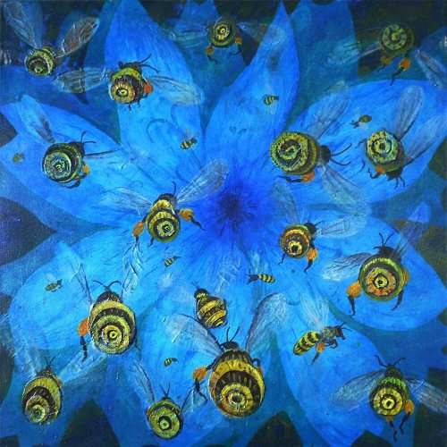 Bees &amp; Blue Flower by Peter Rudolfo. Bold, bright impressionistic painting https://www.instagram