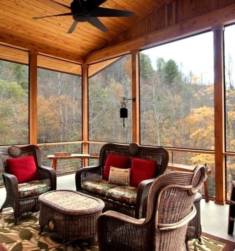 Porch Side YardLarge, Modern Image Of A Side Porch With Tiles, A Fire Pit, And An Addition To The Roof