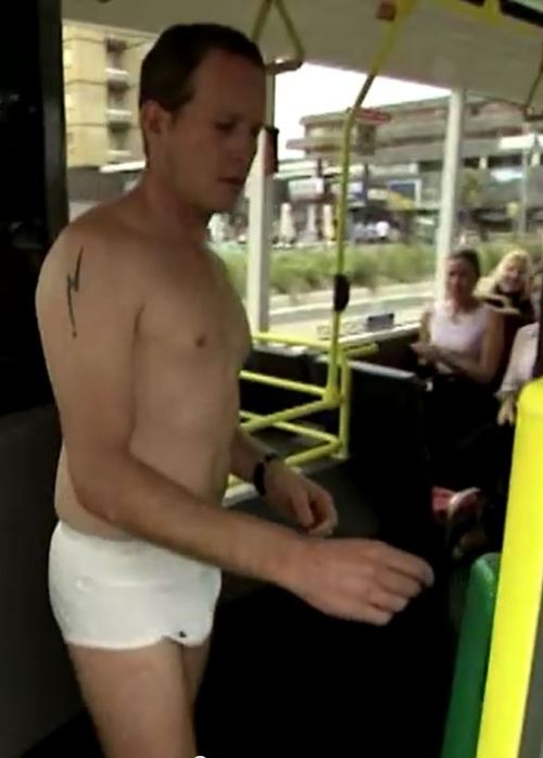 jckybriefs4me:Max takes a ride on the city bus in his white Jockey briefs. 