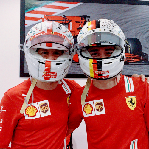 pinsaroulettes: Sebastian Vettel and Charles Leclerc swapping helmets after the 2020 Abu Dhabi Grand