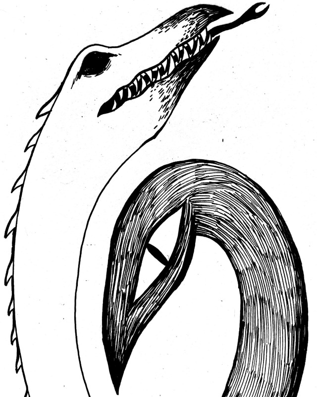 A closeup of the heads. The left heads sharp teeth, forked tongue, and black markings are more visible, as is the line patterns of the birdlike right head.