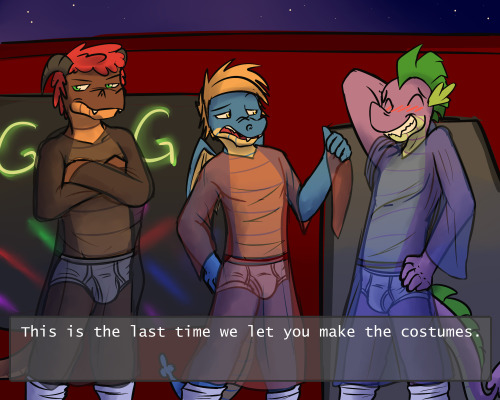 Older Spike, Sharp and Magma dress up for costume nights at the Green Glow Club, discounts on drinks if your in costume.  First night Spike makes them some cheap wizard robes, a bit too cheap, if you shine a light on the fabric, it’s practically