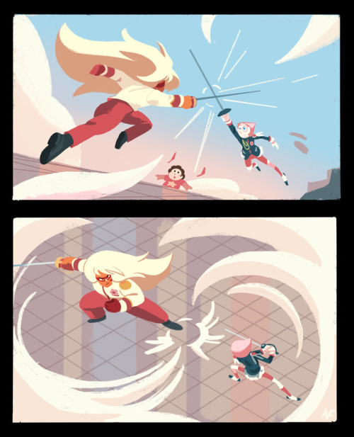 loopy-lupe:  I redrew a couple utena fight scenes with pearl and jasper for fun but I got so excited with it that I fleshed it out into a bigger sequence! (i think it’s about half utena, half my shots. i especially had to do the flower stab scene) I