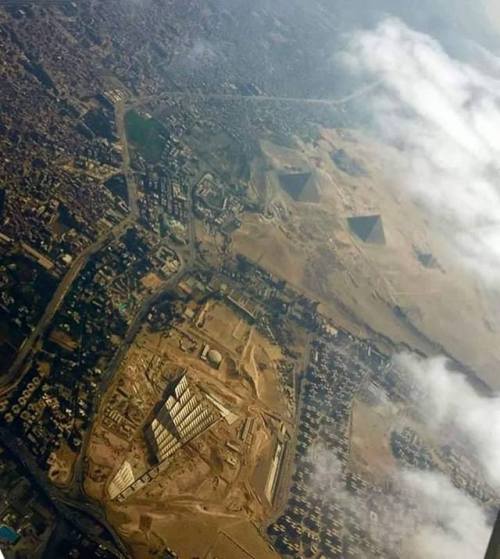 Aerial view of the under-construction Grand Egyptian Museum close to the Giza Plateau