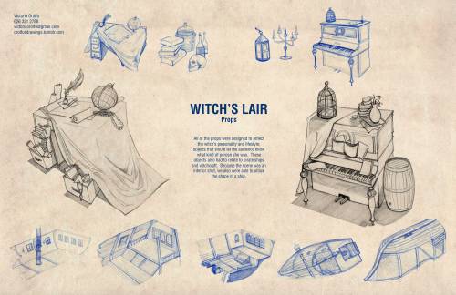 comps, props, and layout for a story about a witch who kidnaps a boy and keeps him in her abandoned 