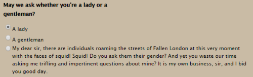 ja-khajay:wellthatschaotic:i love when the gender options are &ldquo;male&rdquo;