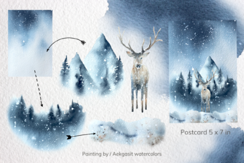 Winter Forest with Christmas Graphic by Aekgasit watercolors – Postcard size / 2000 x 3000 px– Card 