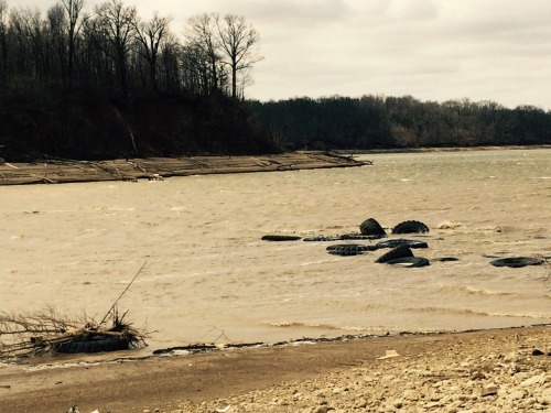 The road generally dead ends into the water. They have opened the dam to help with the construction of a Marina. Rumor has it the old town of Harveysburg Ohio is under Caesars Creek Lake. Here we can see some old tractor tires (Shame someone did that)