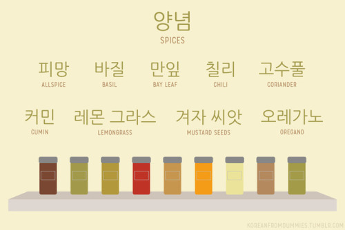 Quiz them More spices Even more spices 양념 - spices  올스파이스 - allspice 바질 - basil 월계수 잎 - bay leaf  고추