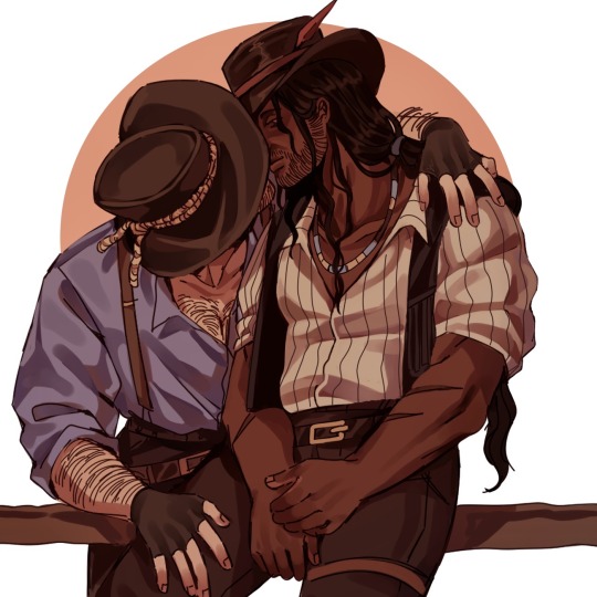 Fanart depicting two muscular cowboys from Red Dead Redemption 2, kissing while leaning against a fence.