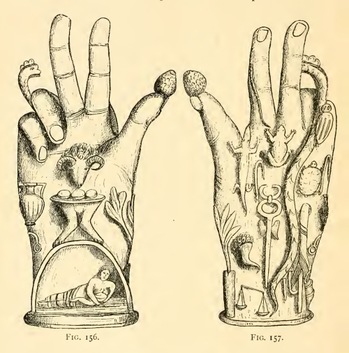 nemfrog:Figs. 156 & 157. Two sides of a bronze hand covered with amulets intended to ward off th