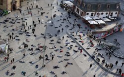 purpleas:  People lay down in a pedestrian zone as part of an art project in remembrance of 528 victims of the ‘Katzbach’ Nazi concentration camp in Frankfurt, Germany. The inmates of the Katzbach concentration camp, a part of the former Adler industrial