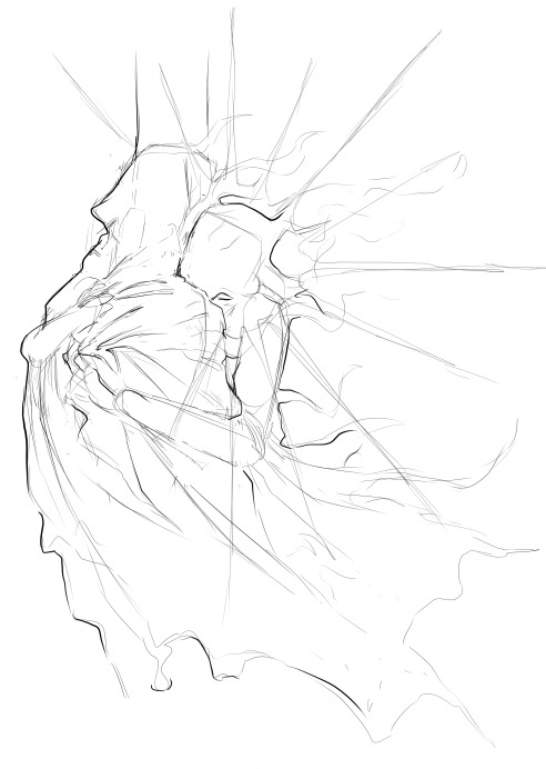 A robot, Path, hugs a taller figure. They are holding the taller figure's cloak tightly, and look scared.