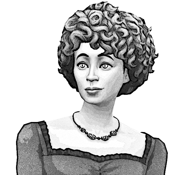 A greyscale, digitally produced image of the head and shoulders of a young woman in older style clothes. Her skin appears to be pale, although the shading suggests she is not as pale as Isa. Her hair is a loose afro style around her head, and is several shades darker than her skin, but obviously not black or very dark. Her eyes are also pale, but her pupils are vertical slits rather than being round. She is looking towards the left, with a very slight smile on her face. Clearly something has captivated her attention.
