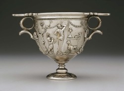 theancientwayoflife:~ Two-handled cup (skyphos) with Bacchic scene. Culture: Roman Period: Early Imperial Date: A.D. 1–30 Medium: Silver, with traces of gold leaf.