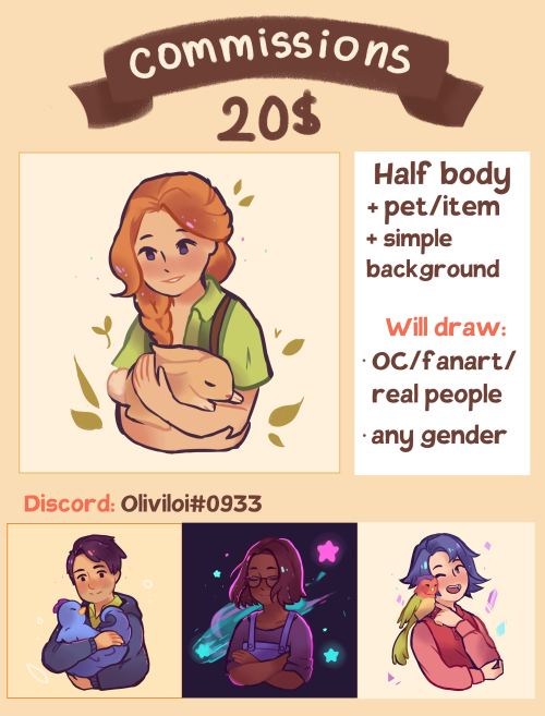oliviloi: Hi! I love drawing cute interactions, so I’m offering half-body commissions of your character and something they love (pet/item/plant/etc.) It can be your stardew farmer, OC, or really any reference material that’s given.  DM me here or