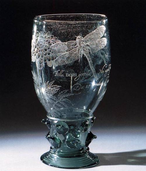 camilotangerine: Anna Roemers Visscher, Roemer, 1621, clear green glass with diamond-point engraving