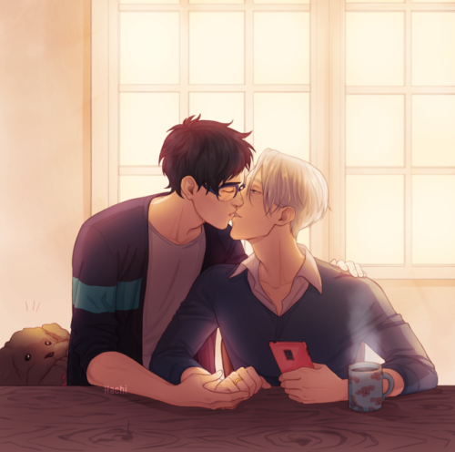 hachidraws:Yuuri becomes bolder about giving kisses as time goes on (and Maccachin’s always there to
