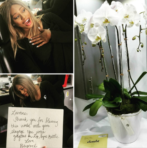 bedpartymakeover: thebeyhive: Laverne Cox receives flowers and a handwritten card from Beyoncé