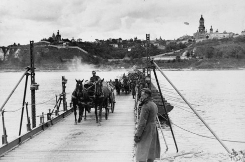 German horse-drawn transport crossing a pontoon bridge across theDnieper at Smolensk (1941).Around 7