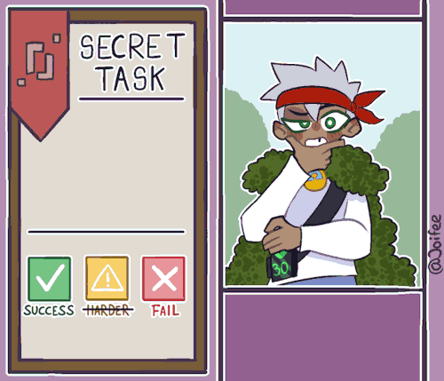 A secret task interface. 
On the right it a moving image of Bdubs. He is considering his options, two speech bubbles popping up above his head.
Text on the left is moving and says:
"Secret Task
Kill the enderdragon."
Theres also three buttons in green, yellow and red. under them are the words "success, harder and fail"
The text under bdubs says: "I should join gems army..."