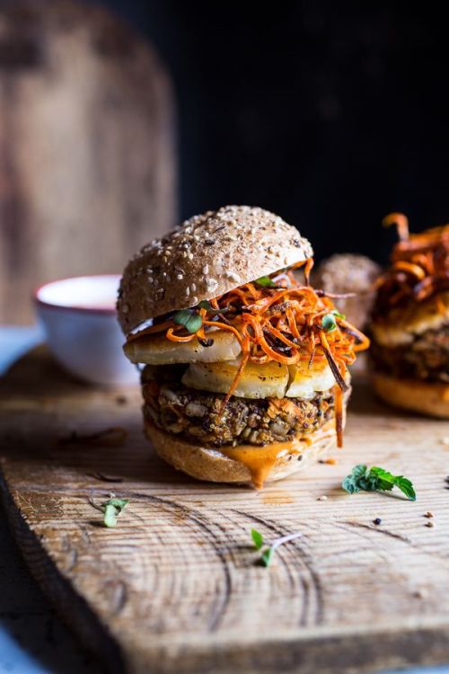 theesimplefoodie:  Sunflower Seed Veggie Burgers with Grilled Halloumi + Curried Tahini Sauce by Half Baked Harvest 