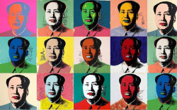 cheesewhizexpress:  Mao (1973) Artwork description &amp; Analysis: Warhol  combined paint and silkscreen in this image of Mao Zedong, a series  created in direct reaction to President Richard Nixon’s 1972 visit to  China. Warhol took the black and white