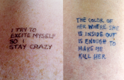 nyctaeus:Jenny Holzer, ‘Lustmord’, Photographs of handwriting in ink on skin, 1994 In ‘Lustmord’ (Lusmord being the German word for sexual violence involving rape), Holzer creates tension through subject matter, which addresses sexual violence. Holzer