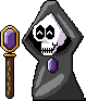 Pixel art of a skeleton wearing a dark grey robe with a round purple gem on it and on his side a staff with the same gem. They’re smiling with eyes closed.