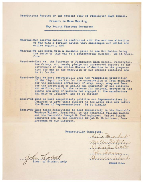 Resolution Adopted by the Student Body of Flemington High School, 5/4/1917File Unit: Petitions and M