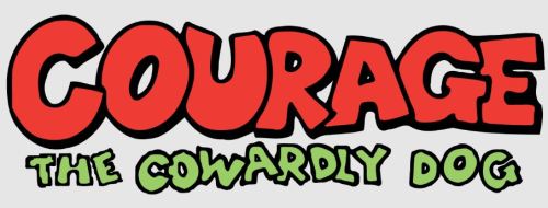 The title is on a white background. 'Courage' is written in blocky red letters with a black outline. Below, 'The Cowardly Dog' is written in smaller, blocky green font with a black outline. The letters are all uneven, as though they are shaking.