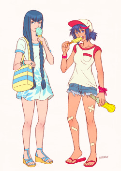 herokick:  Choco-Chip Mint Ice Cream ☆ Lemon Popsicle  Beach sisters~ &lt;3