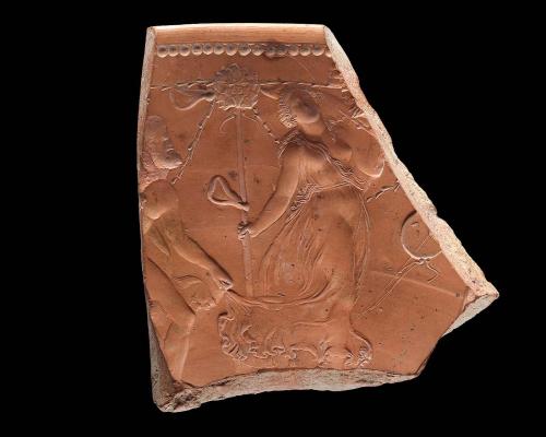 Mould fragment of a bowl with maenad dancing and bearded satyr Roman (Arretine ware), Augustan Perio