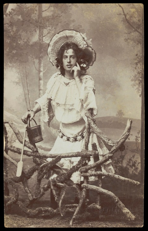 vintageeveryday:A sailor in drag, wearing a milkmaid costume, 1906.The man in drag is apparently Abl