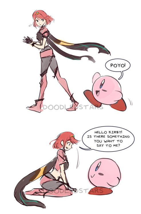 doodledstars:Pyra and Kirby!Here we see a giant squishy blob And Kirby