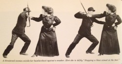 weirdvintage:  “A threatened woman wields her bumbershoot against a masher.  Here she is deftly “Stopping a blow aimed at the face,”  Swinging the umbrella up, she jabs the ruffian’s jaw.  Alternatively, she finishes him off with a well-aimed