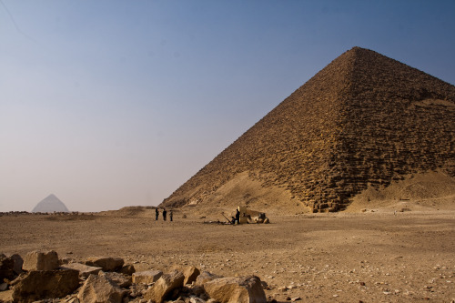 The outside and interior of the ancient Egyptian Red Pyramid, named for the reddish hue of its 
