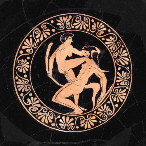 this is art of a hetaira pissing into a chamber pot and a hetaira doing the nasty with a satyr which