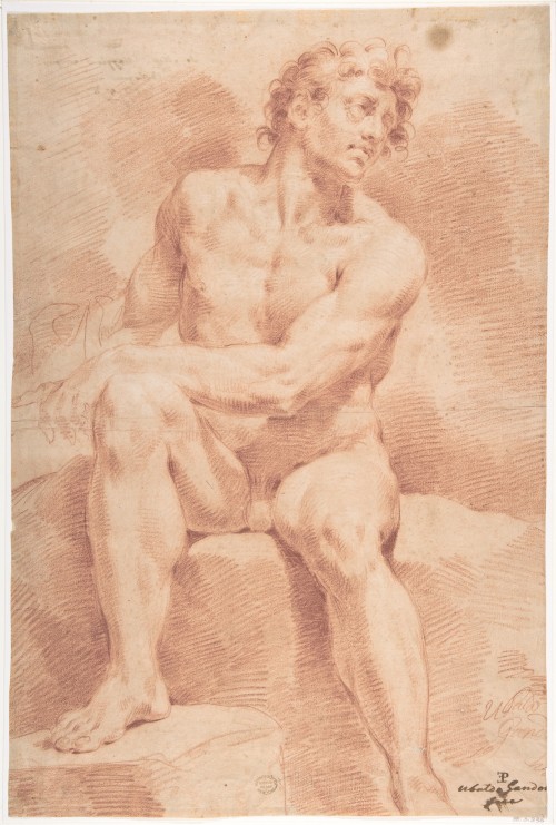 Seated Male NudeUbaldo Gandolfi (Italian; 1728–1781)undatedRed chalk, highlighted with white The Met