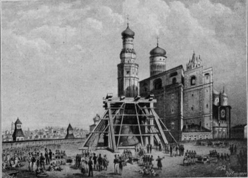 Artist&rsquo;s impression of the raising of the Tsar Bell in the MoscowKremlin, from The Engineer (1