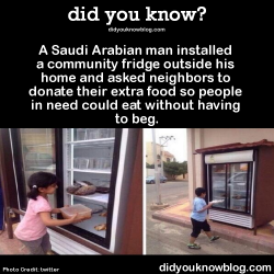 did-you-kno:  A Saudi Arabian man installed a community fridge outside his home and asked neighbors to donate their extra food so people in need could eat without having to beg.  Source