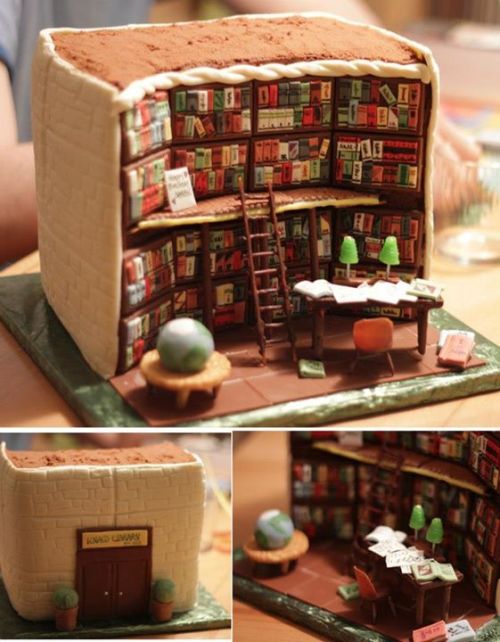 archiemcphee: This exquisitely, scrumptiously detailed Library Cake was made by Kathy Knaus. One sid