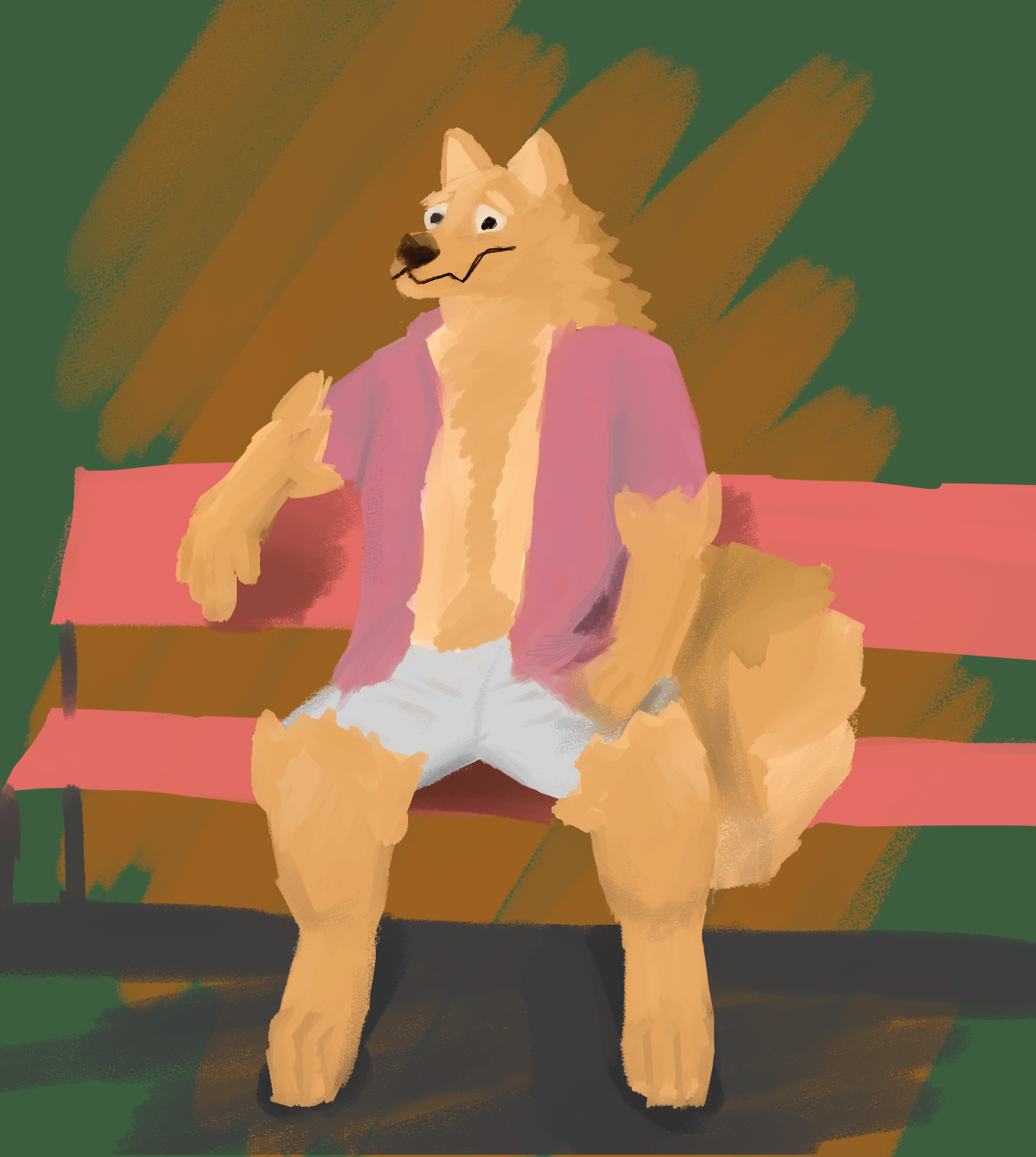 Dog furry with an awkward expression sits on a bench.