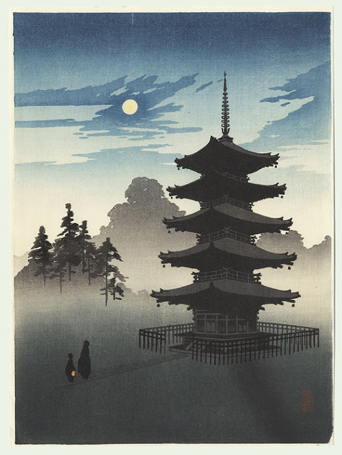 hpolleyphotography:A Pagoda By Moonlight, by Eijiro Kobayashi, woodblock print, ca. 1930I almost lik