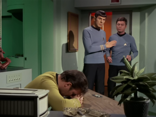 shylocks:there’s romantic music playing as spock mind melds with him. i wonder what this all m