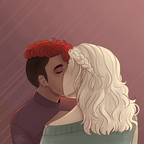 coffeetoffeeart: new years kiss [ID: A drawing of Aubrey and Dani kissing in front of a red gradient