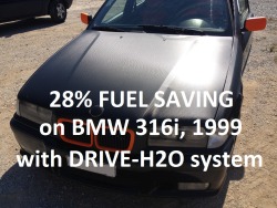 driveh2o:  28% increase in mileage on this BMW 316i with DRIVE-H2O hydrogen system !Before installation of DRIVE-H2O system the car was consuming in average 8.7 liters of gasoline per 100 km. After installing DRIVE-H2O system and after 1000 km driven,