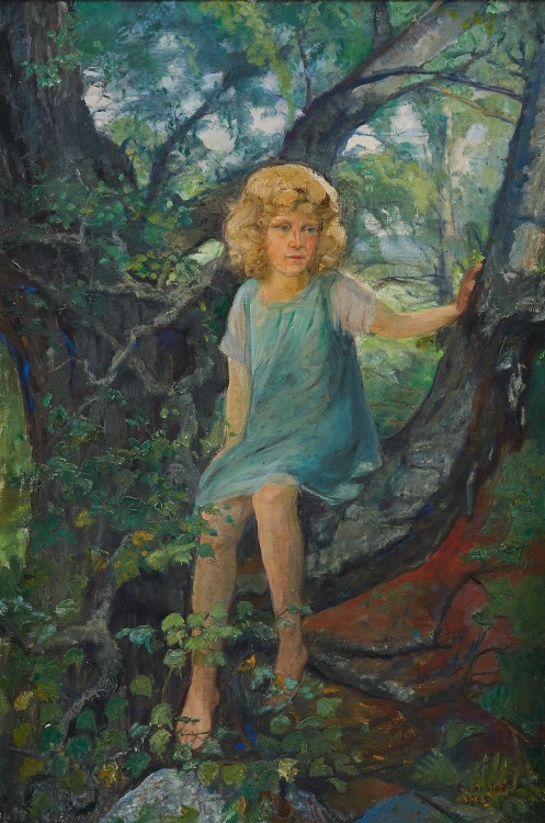 Emilia Lönblad (Swedish, 1865 - 1946): Girl on a tree branch (1925) (via Uppsala Auktionskammare)
