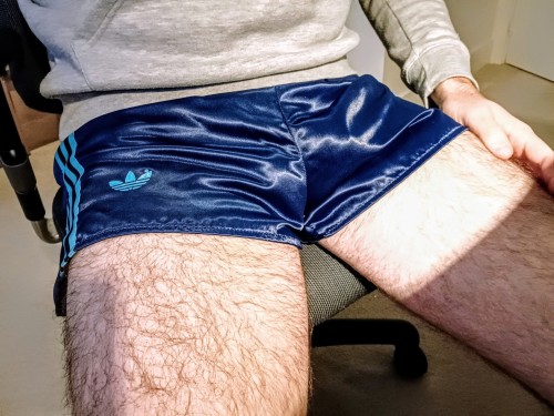 Working From Home In Adidas Ventex 'Super A' Shiny Satin Shorts. What A Distraction! 😄