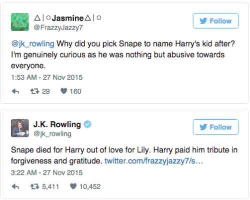 mashable: J.K. Rowling opens up about why Harry named his son after Snape